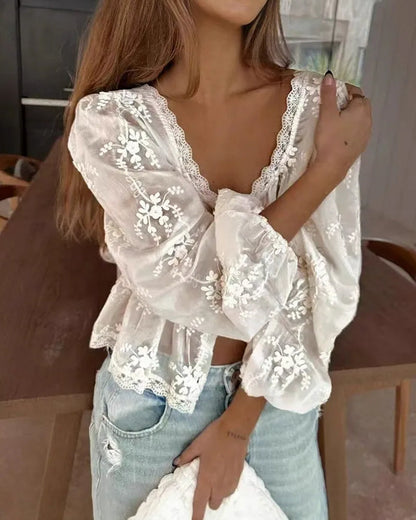 Bluse U-Ausschnitt Locker Bestickt Langarm
