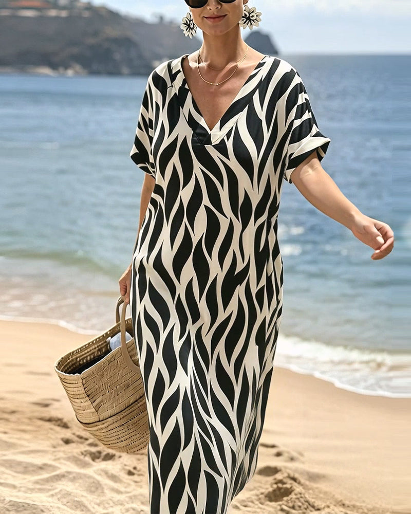 Kleid V-Ausschnitt Kurzarm Loose Fit