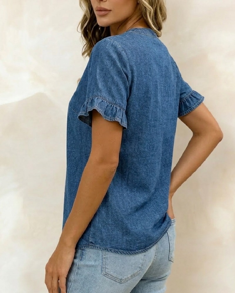 Bluse Denim V-Ausschnitt Rüschen Kurzarm