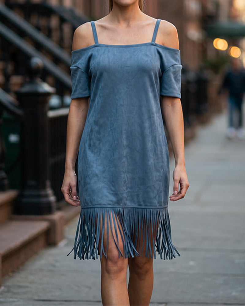 Kleid Spaghettiträger Franse Uni Off-Shoulder