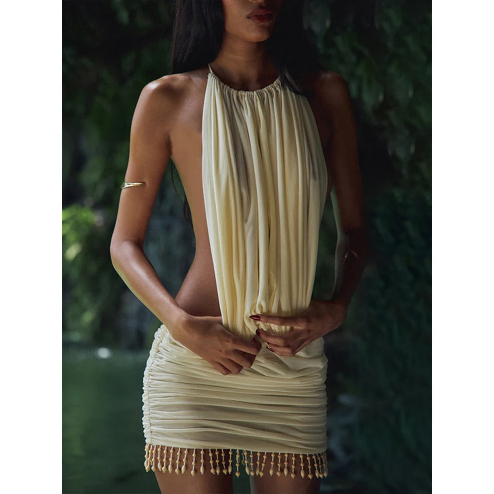 Mini-robe plissée beige à pompons pour femme - Claudia