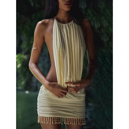 Mini-robe plissée beige à pompons pour femme - Claudia