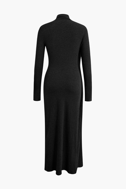 Mock Neck Wrap Dress with Ruffle Long Sleeves and Slit