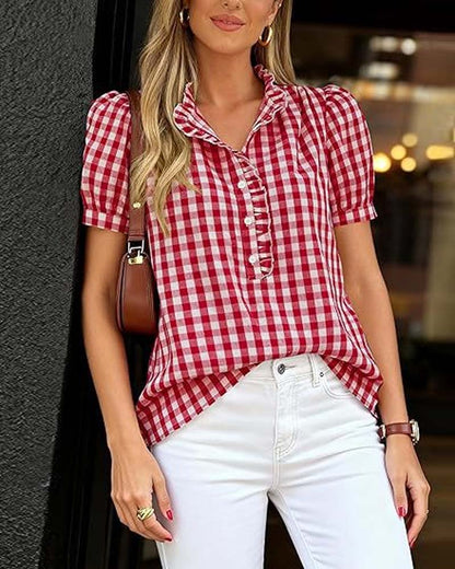 Bluse Karo Puff Kurzarm