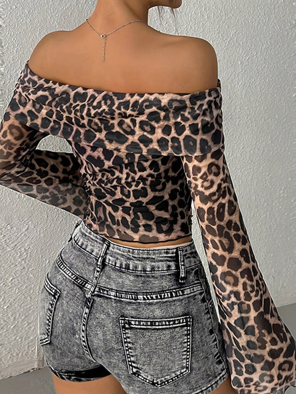 Y2k one shoulder leopard print long sleeve shirt