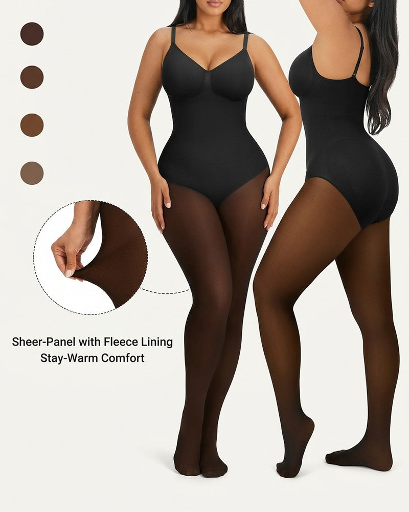 Transparentes Panel Mit Fleece-Gefütterter Strumpfhose Stay-Warm Bauchkontrolle Sheer-Effekt Strumpfhose Bodysuit Schwarz Basic