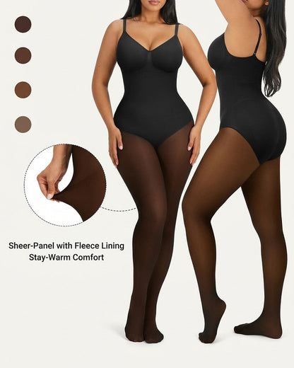 Transparentes Panel Mit Fleece-Gefütterter Strumpfhose Stay-Warm Bauchkontrolle Sheer-Effekt Strumpfhose Bodysuit Schwarz Basic