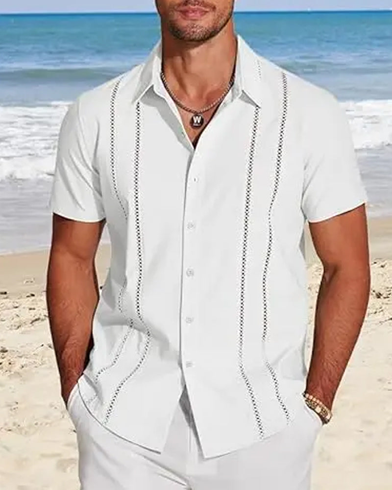 Hemden Herren Kubanisches Guayabera-Hemd Kurzarm Knopfleiste