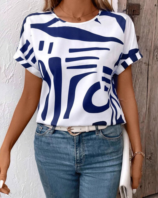 T-Shirt Rund Hals Kurzer Arm Geometrischer Druck