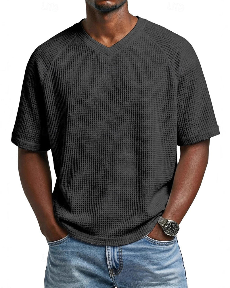 Herren-V-Ausschnitt-Shirt In Waffelstruktur, Lässiges Kurzarm-Oberteil In Unifarbe