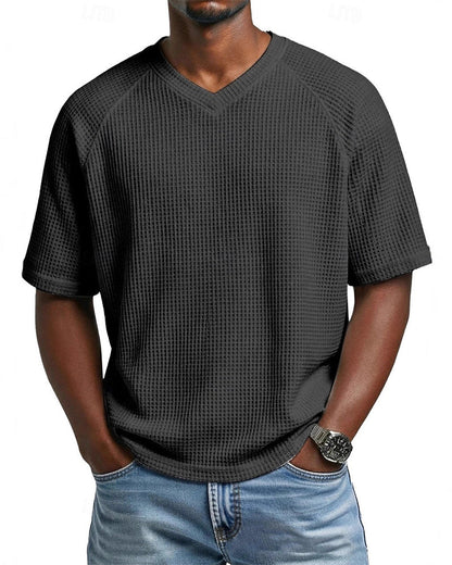Herren-V-Ausschnitt-Shirt In Waffelstruktur, Lässiges Kurzarm-Oberteil In Unifarbe