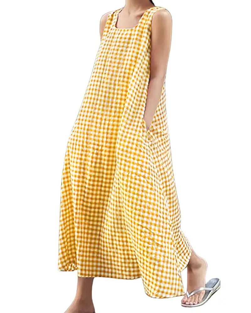 Kleid Karo Ärmellos Quadratischer Ausschnitt Maxi