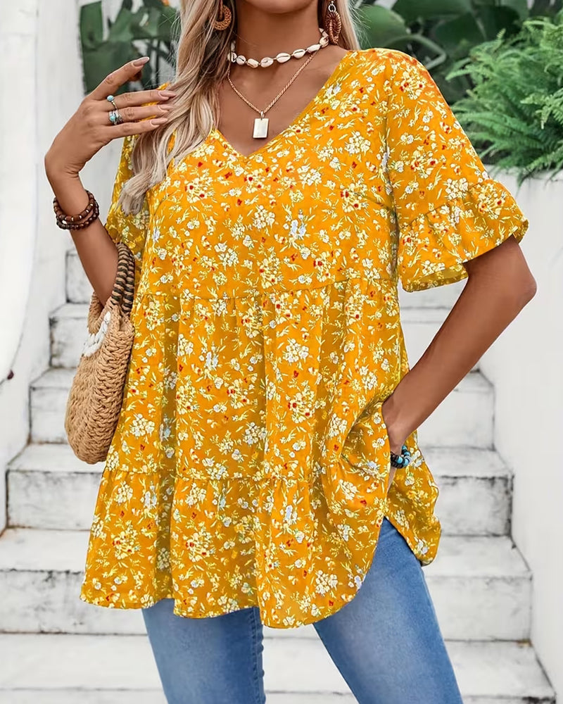 Bluse V-Ausschnitt Flatterärmel Blumen