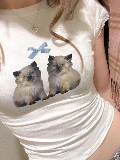 Weißes Y2K Katzen Schleifen Druck Crop Top