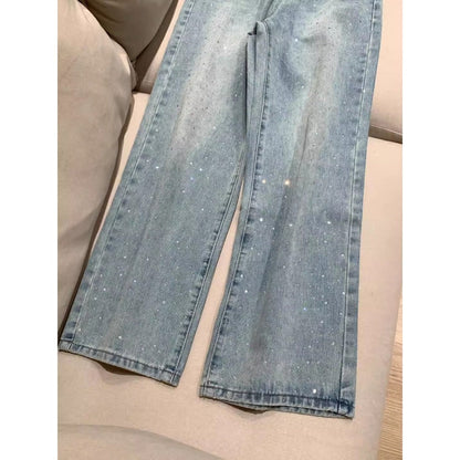 Light Blue High Waist Wide Leg Rhinestone Jeans for Women - Ursula