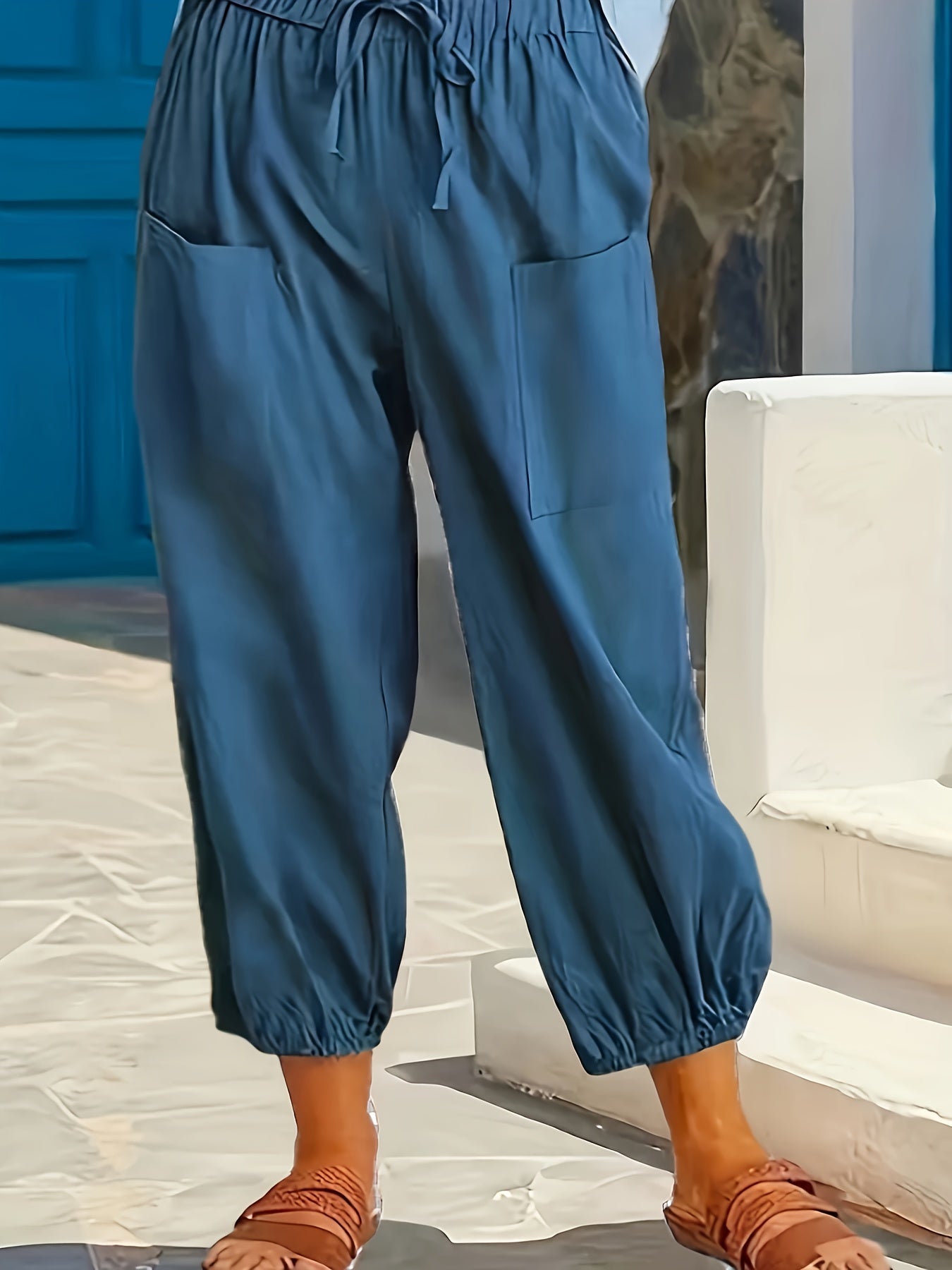 Wide blue pants with pockets and drawstring - Mia