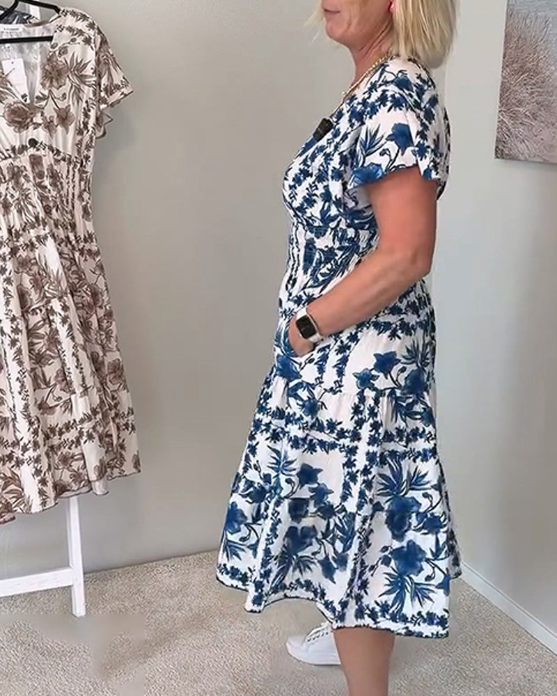 Kleid V-Ausschnitt bedruckt taillierend