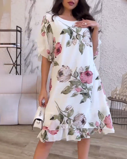 Elegantes Kleid mit Blumenmuster, knielang, Rundhalsausschnitt