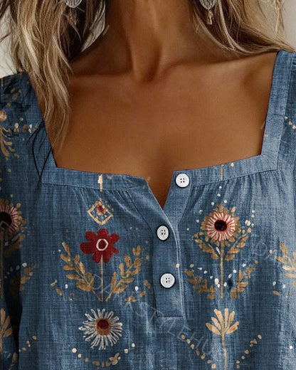 Bluse Quadratischer Ausschnitt Blumendruck