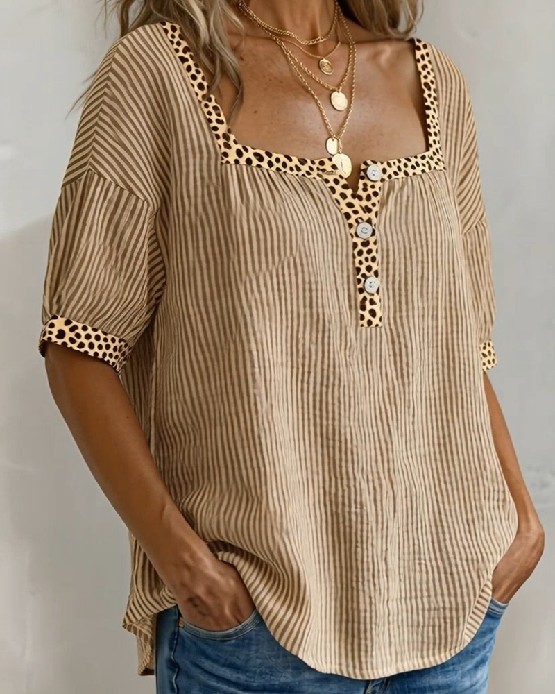 Bluse Quadratischer Ausschnitt Kurzarm Leopardenmuster