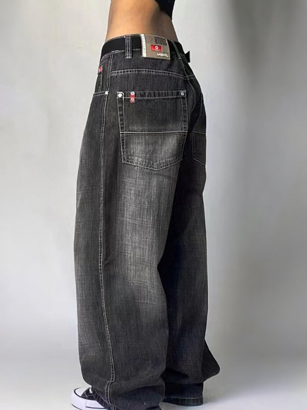 Schwarze Amerikanische Retro Distressed Washed Boyfriend Jeans