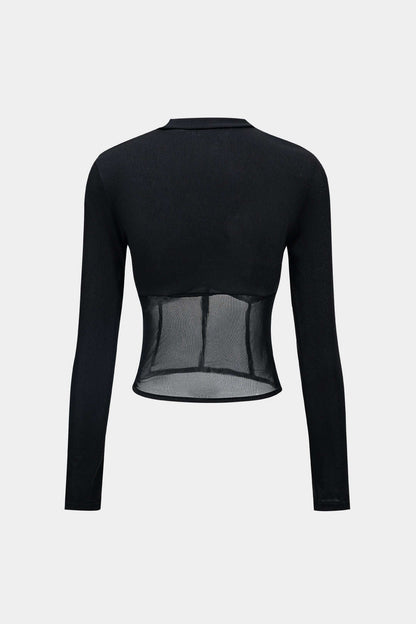 Chemise noire à manches longues et col rond style corset patchwork en maille Y2K 