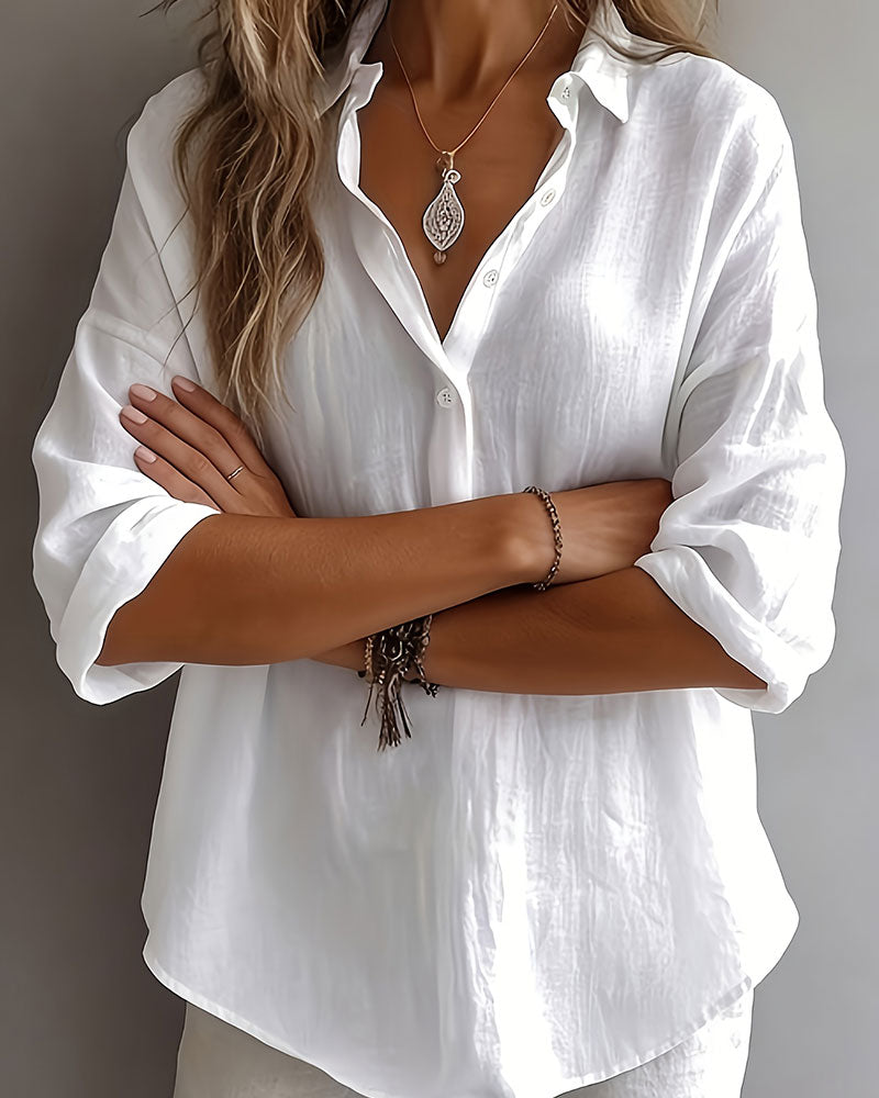 Bluse Einfarbig Revers Halbe Knopfleiste Langarm