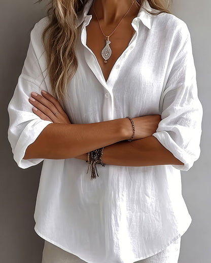 Bluse Einfarbig Revers Halbe Knopfleiste Langarm