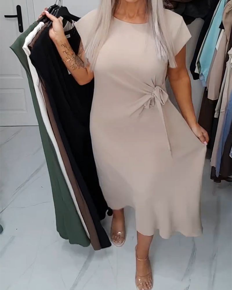 Kleid Einfarbig Rundhals Taillebetonend Elegant