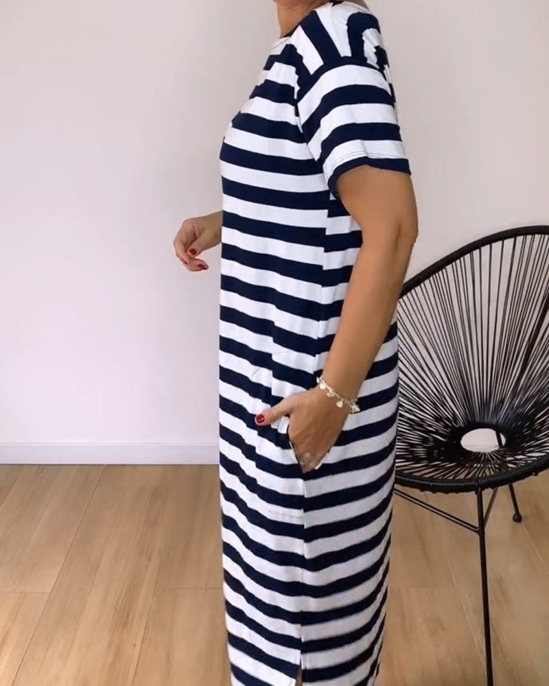 Kleid Locker Gerade Gestreift T-Shirt Lang
