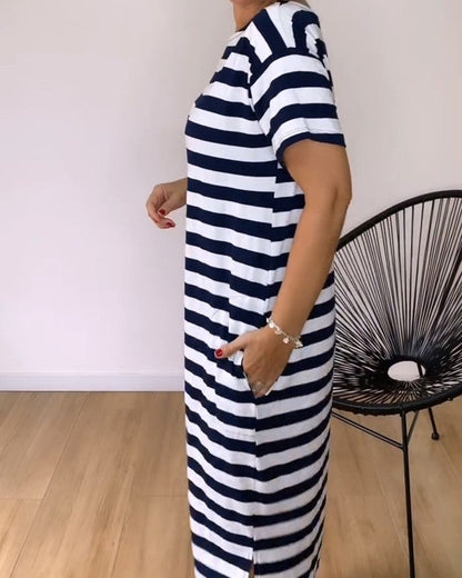 Kleid Locker Gerade Gestreift T-Shirt Lang