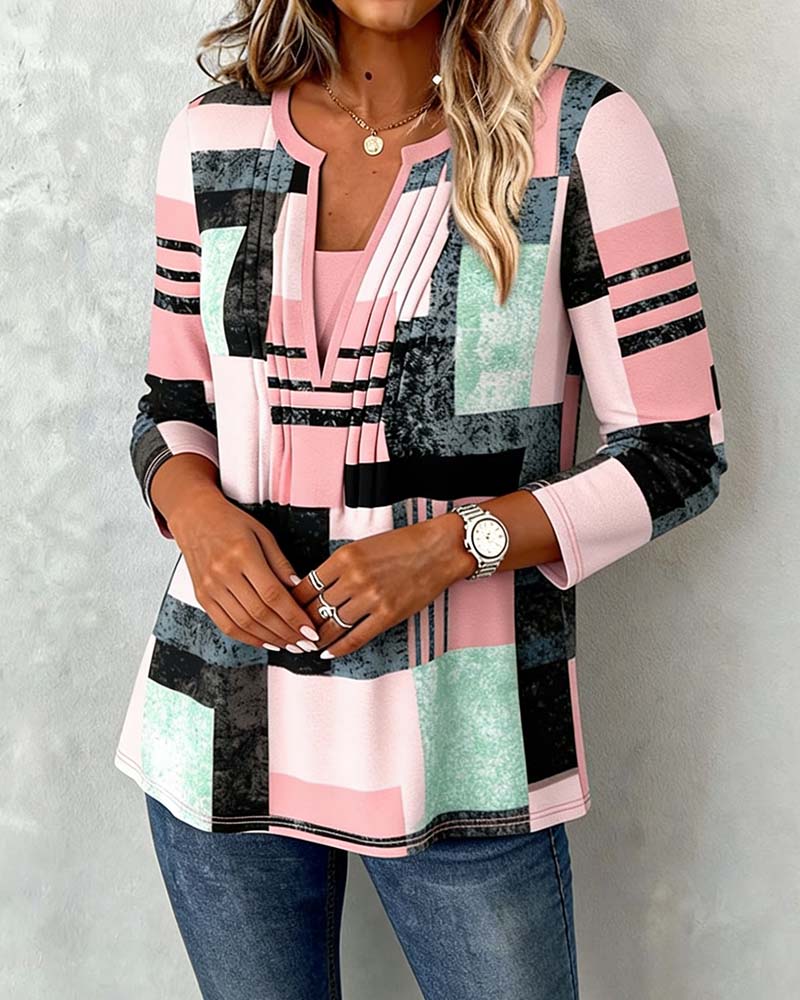 Langärmliges Colorblock-Top mit V-Ausschnitt