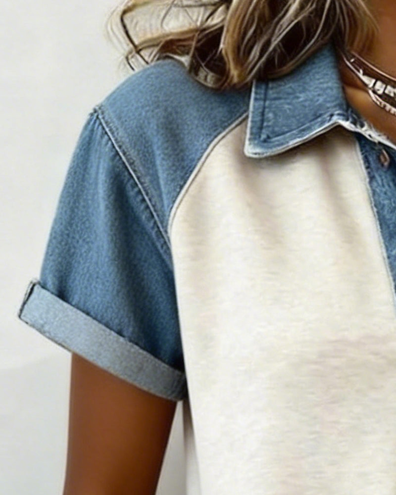 T-Shirt Denim Farbe Block Kurz Ärmel