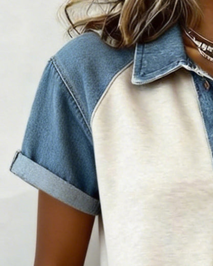 T-Shirt Denim Farbe Block Kurz Ärmel