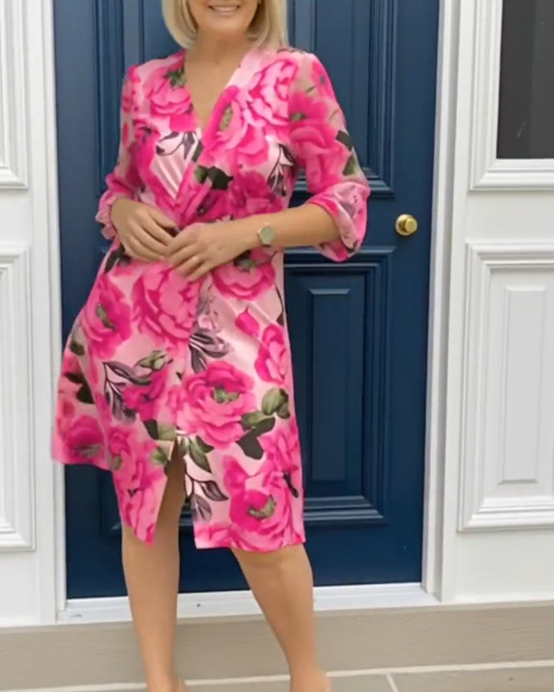 Kleid V-Ausschnitt Blumenprint Langärmlig