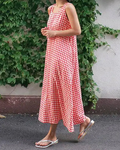 Kleid Karo Ärmellos Quadratischer Ausschnitt Maxi