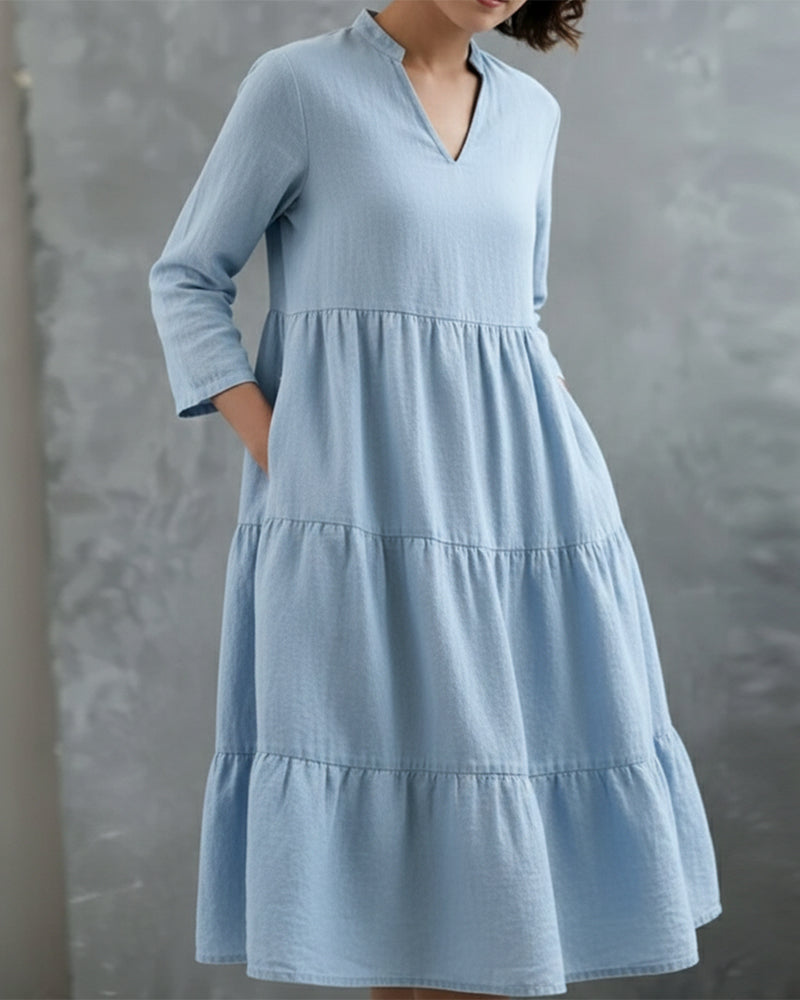 Kleid einfarbig V-Ausschnitt langärmlig