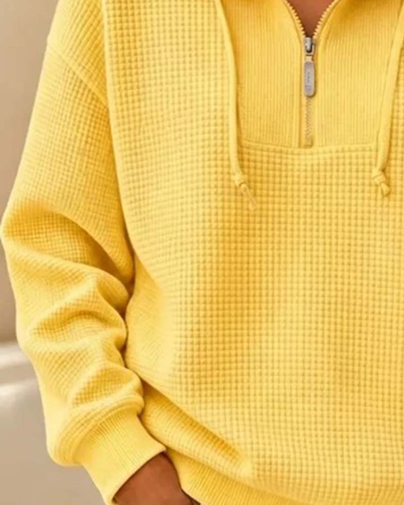 Sweatshirt Waffel Kordel Halbreißverschluss