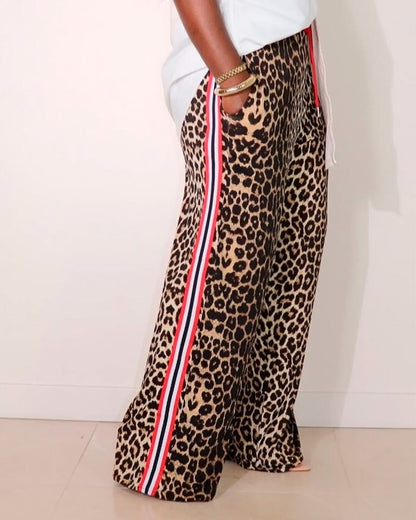 Hose Colorblock Leopardenmuster Kordelzug gerade geschnitten