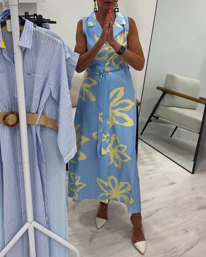 Kleid Ärmellos Reverskragen Schnürung Blumen Maxi