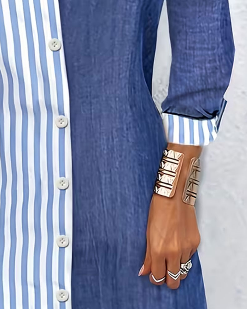 Kleid Kragen gestreift Color-Block Hemd
