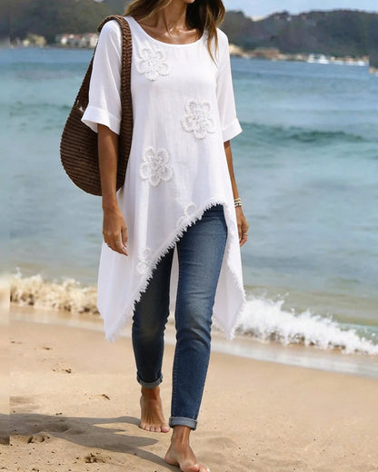 Bluse Rundhals Locker Asymmetrisch