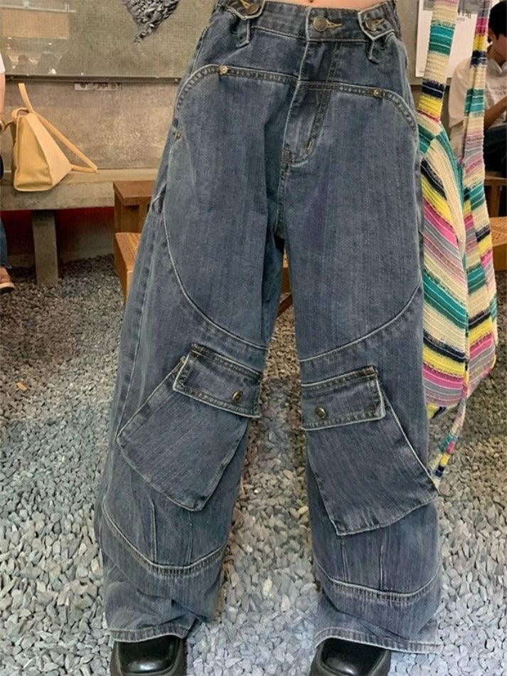 Blaue Hip Pop Verwaschene Unregelmäßige Taschen Spleiß Cargo Jeans