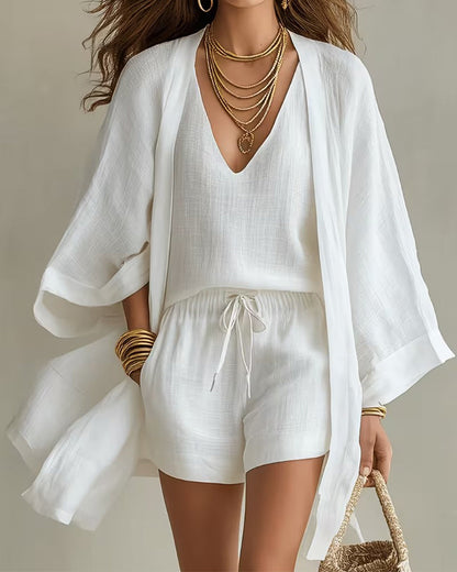 Dreiteiliges Set V-Ausschnitt Tanktop Cardigan Shorts