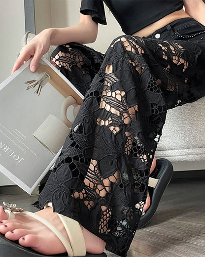 Jeans Damen Strass Ausschnitt Weites Bein