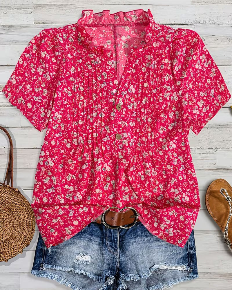 Bluse V-Ausschnitt Knopf Blumenprint