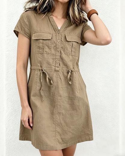 Kleid Utility-Stil V-Ausschnitt Kordelzug