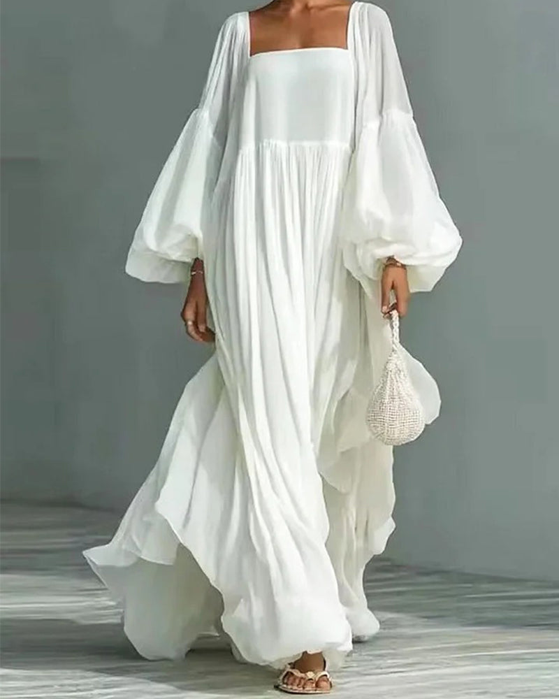 Kleid Quadratischer Ausschnitt Puff Ärmel Fee Maxi
