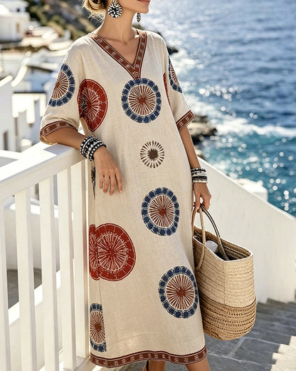 Kleid V-Ausschnitt Retro Kreis Druck Maxi