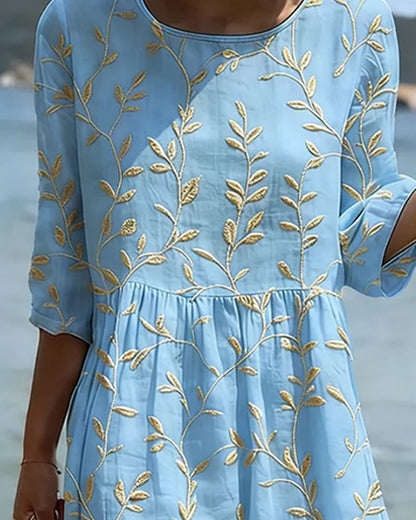 Kleid Rundhals Bestickt Uni Lässig